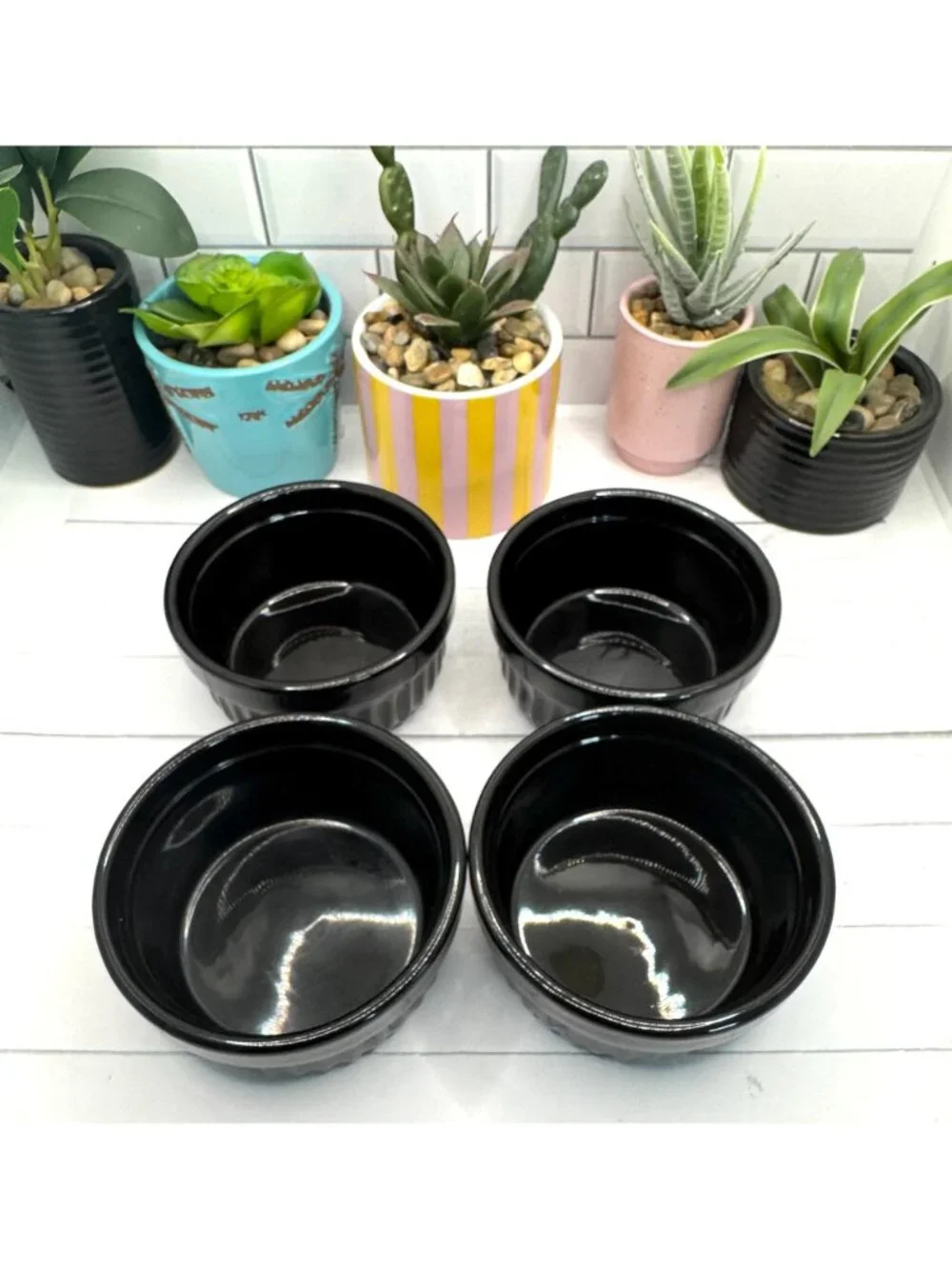 Set Of 4 Black Ceramic Ramekins Baking Bowls For Desserts Soufflé